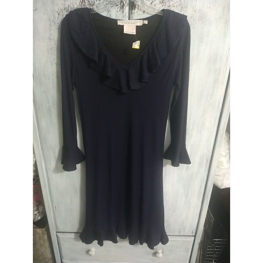 Gretchen Scott V-neck Ruffled Knee Length Dress Blue XS Boho Feminine Cottage...